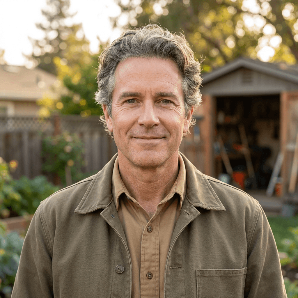 Male homeowner in his early 40s, White, standing by screened pool enclosure, casual and friendly demeanor