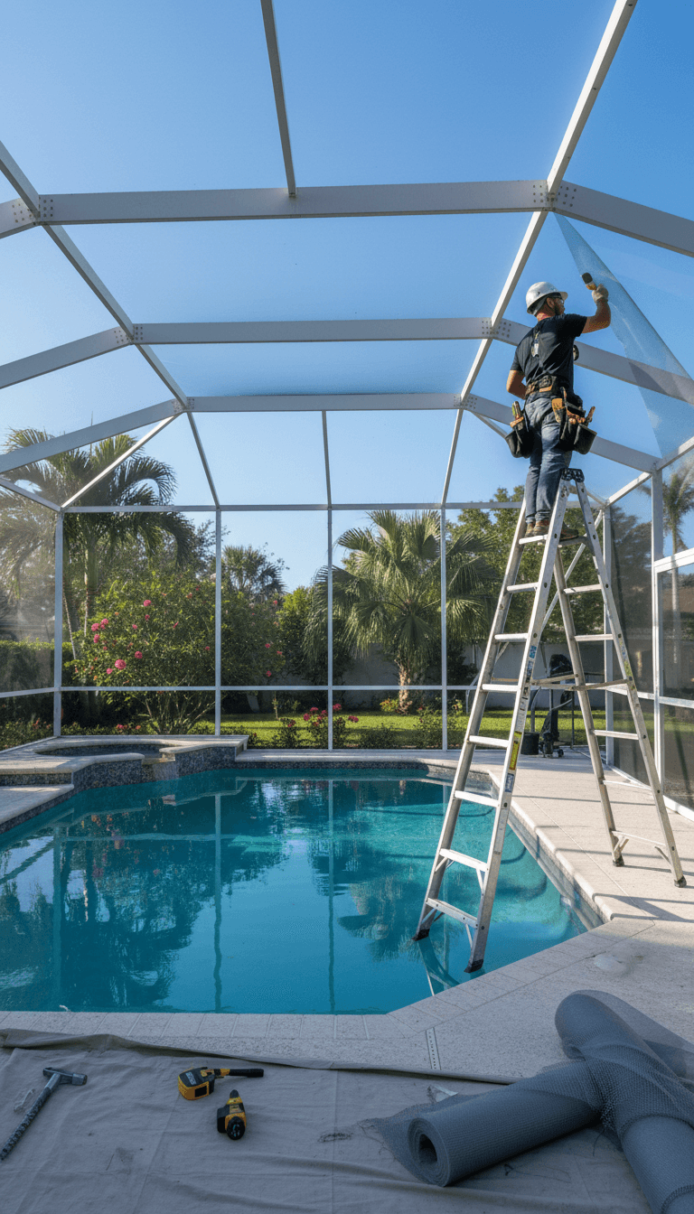 Close-up of hands repairing a pool screen frame with new mesh in a sunny backyard
