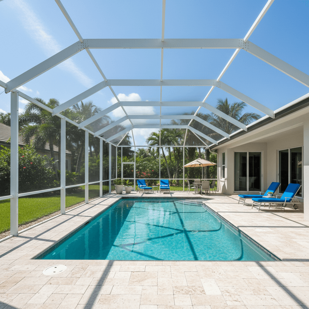 Residential pool screen cage in backyard