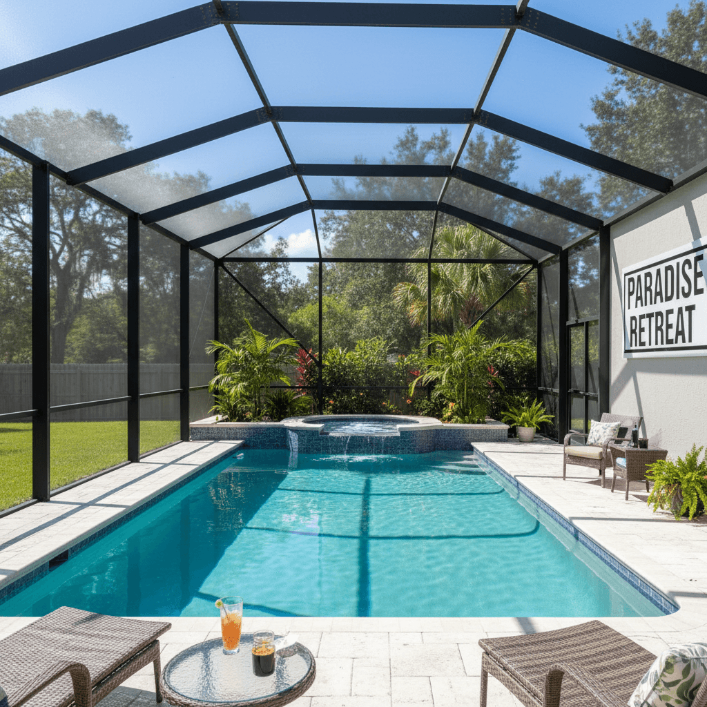 Pool enclosure with hot tub and screen